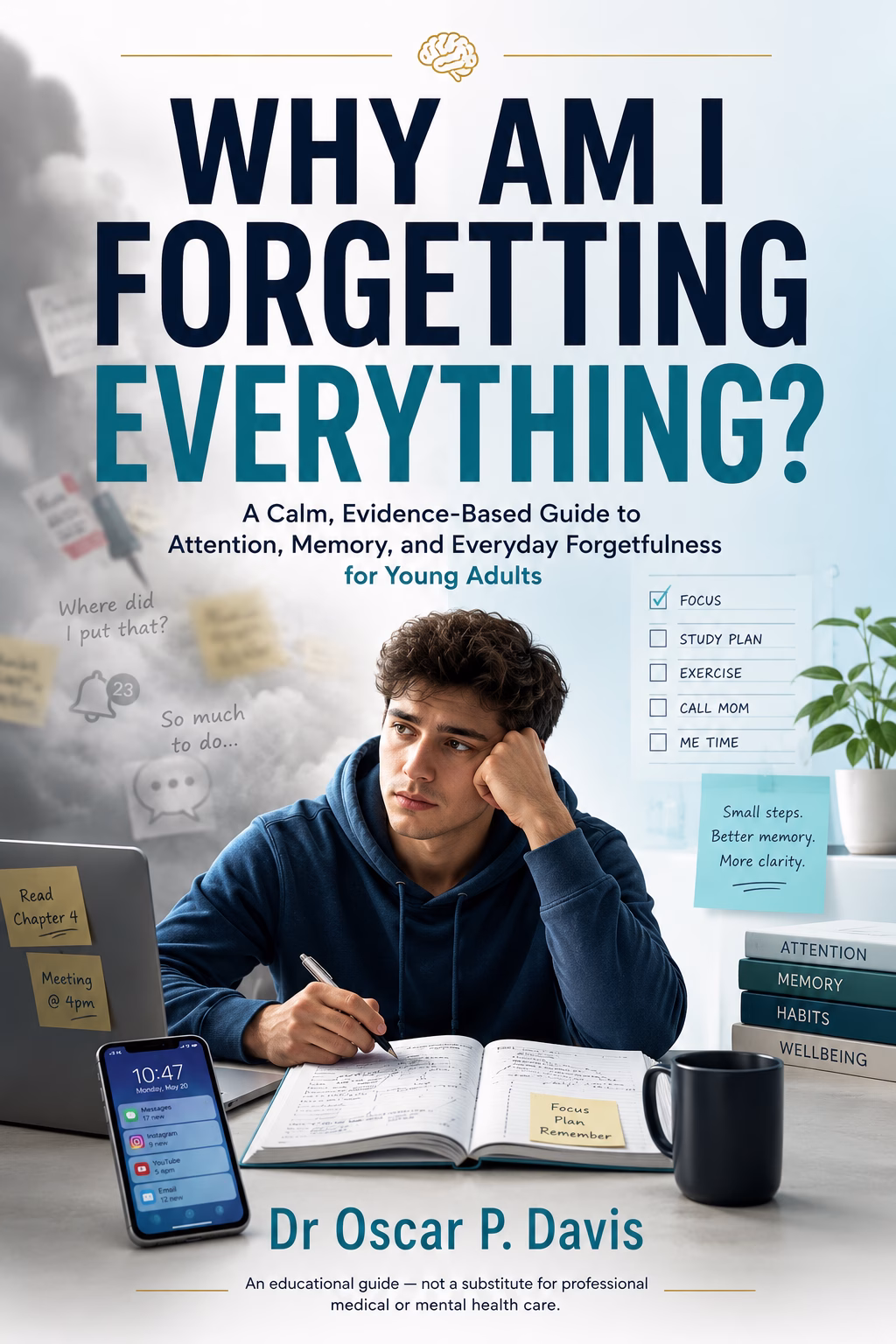 Book cover of Why Am I Forgetting Everything? by Dr Oscar P. Davis, showing a young man at a desk surrounded by sticky notes, a checklist, and a phone with notifications